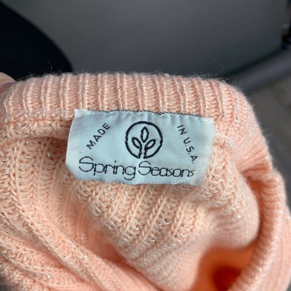 Vintage Spring Seasons Peach Pink Silver Metallic Long Sleeve Sweater Size Small - Picture 6 of 6